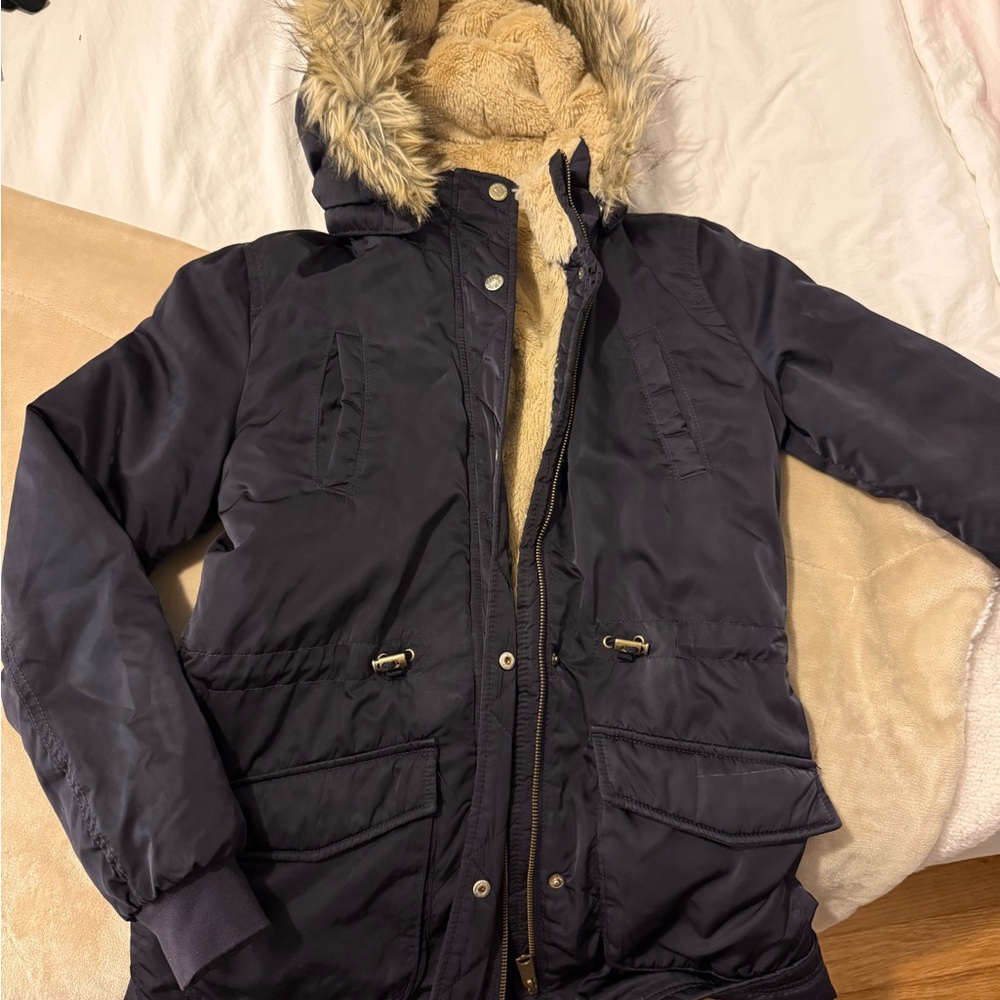 H&M Navy Puffer Jacket with Faux Fur Hood